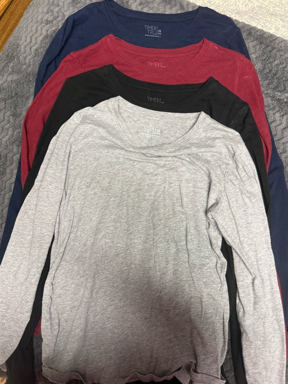 Time and Tru Scoop Neck Long-Sleeve Tops in Gray, Black, Burgundy & Navy